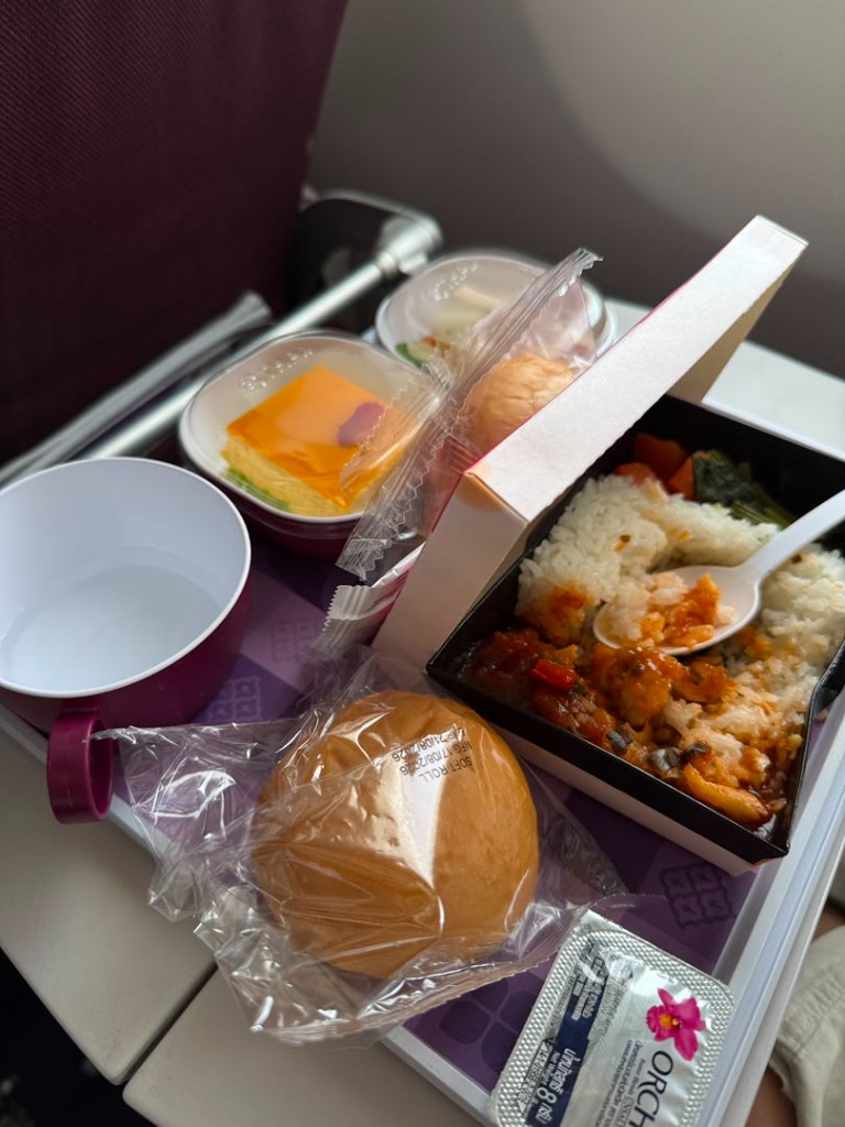 Thai Airways lunch tray with rice, stew, bread, dessert, and a purple cup
